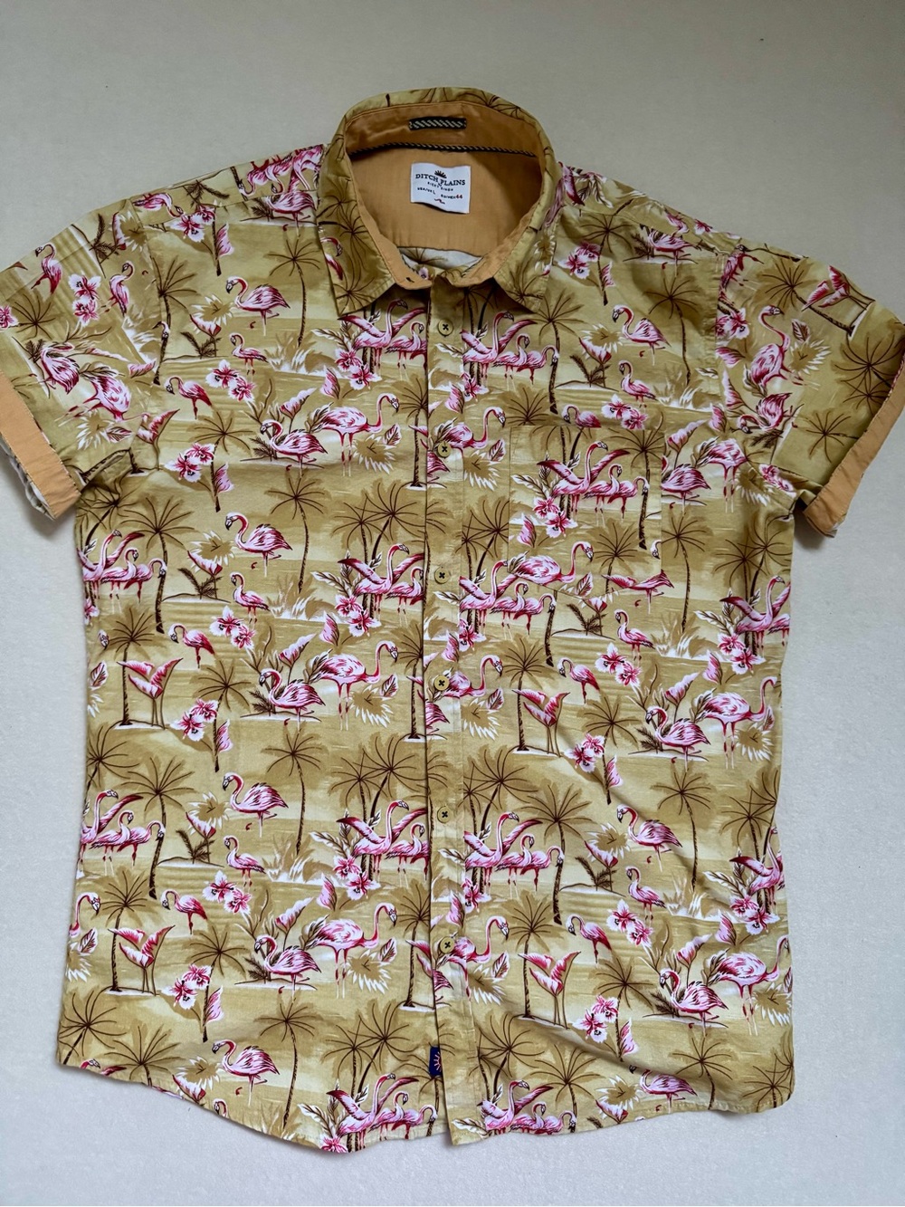 Ditch Plains Ricky Singh Flamingo Print Cotton Button Front Shirt EU 44 Tropical